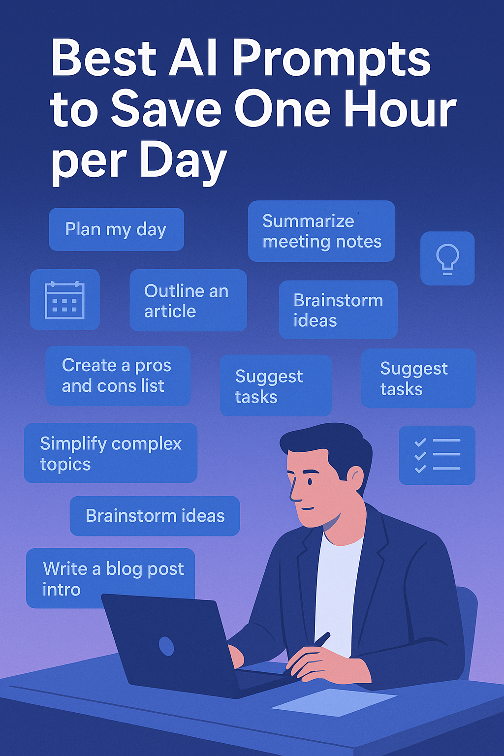 Modern illustration of a person interacting with AI-generated prompts and dashboards to streamline tasks, planning, and writing in a digital workspace.