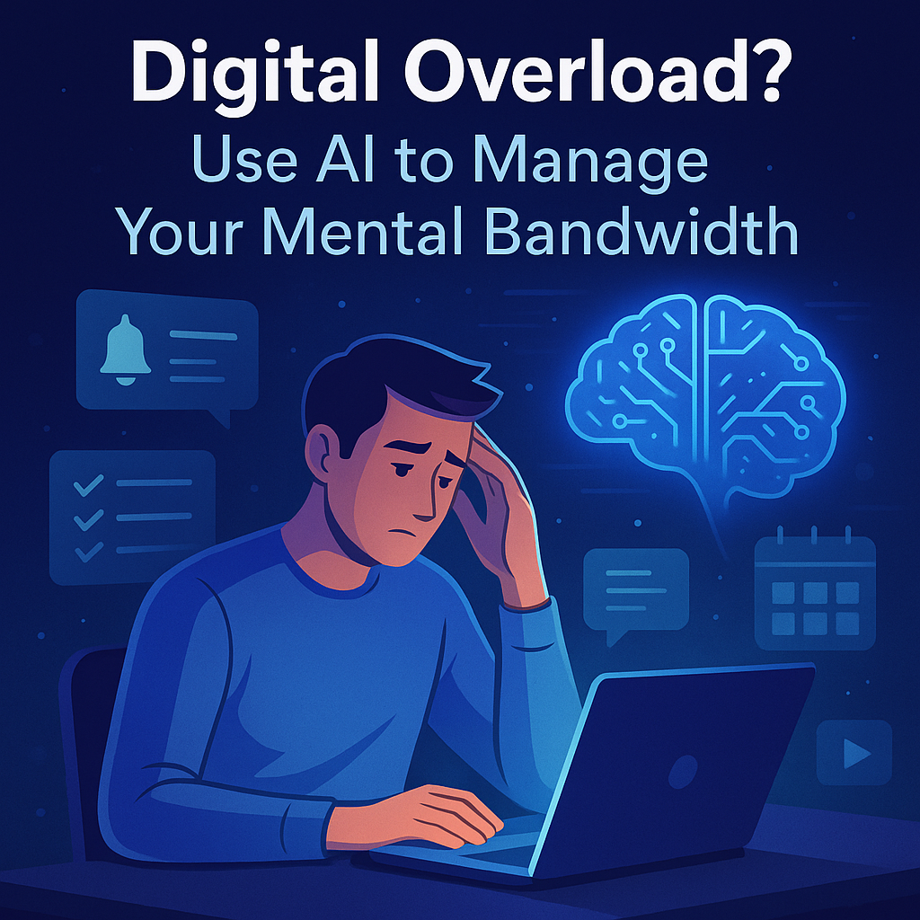 Digital illustration of a person surrounded by floating apps, emails, and notifications, calmly using AI tools to manage digital overwhelm in a smart workspace.