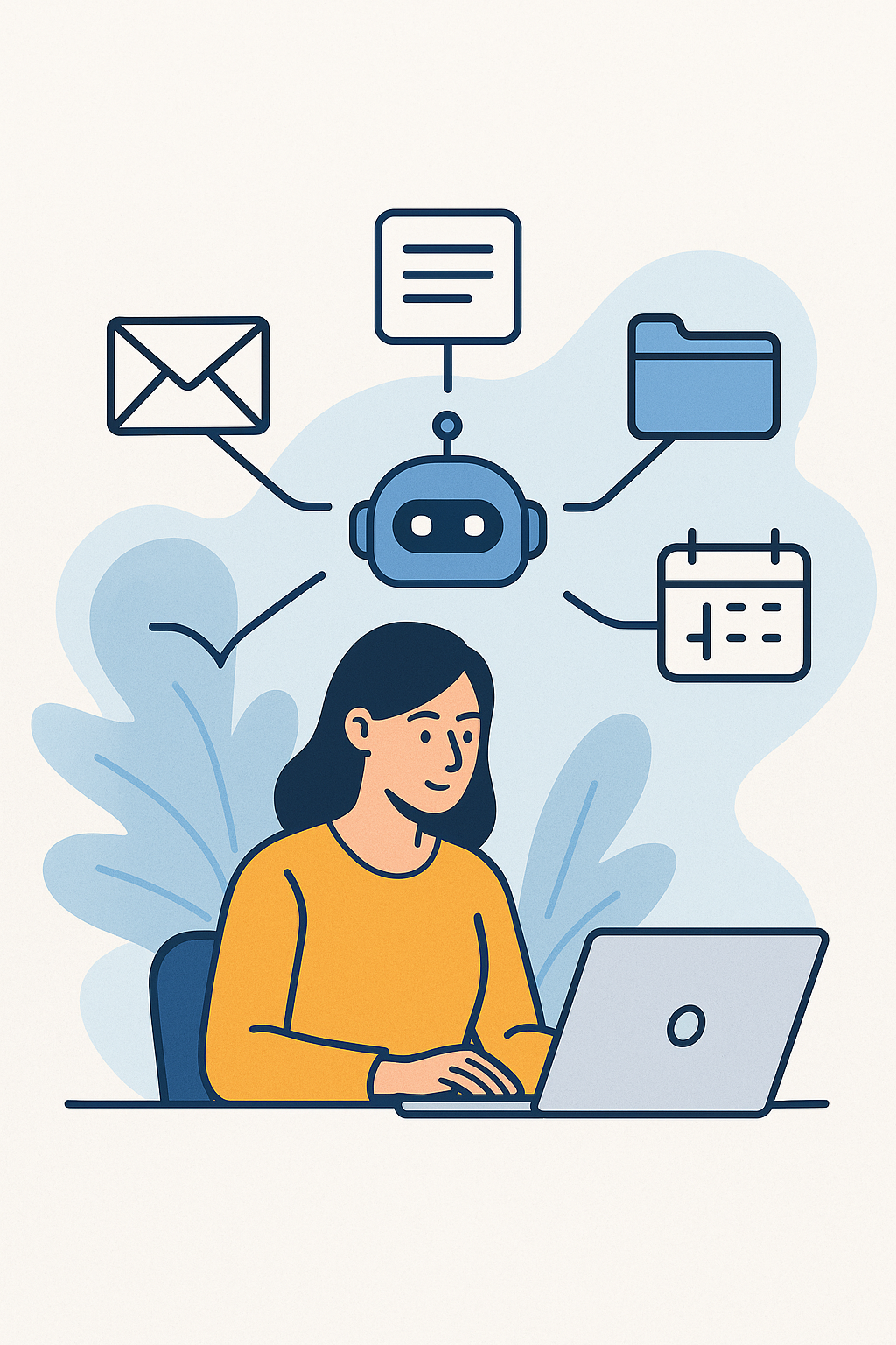 A woman working on a laptop surrounded by icons for email, files, and calendar, all connected to an AI robot symbolizing task automation.