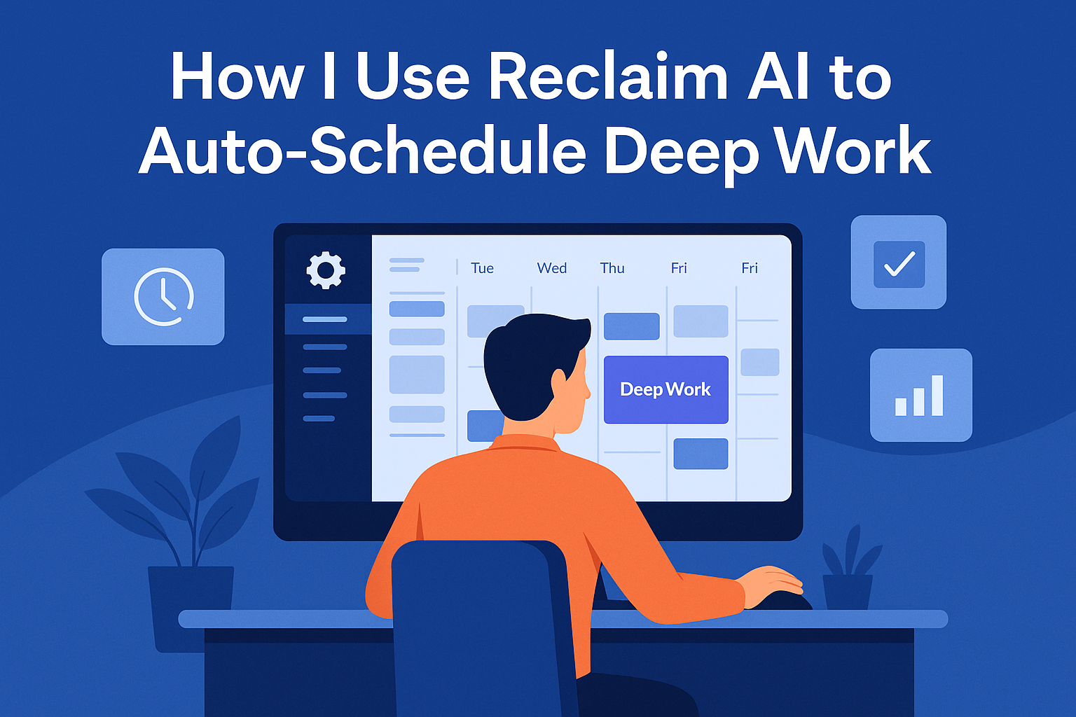 Illustration of a focused professional using Reclaim AI to auto-schedule deep work sessions in a smart calendar interface.