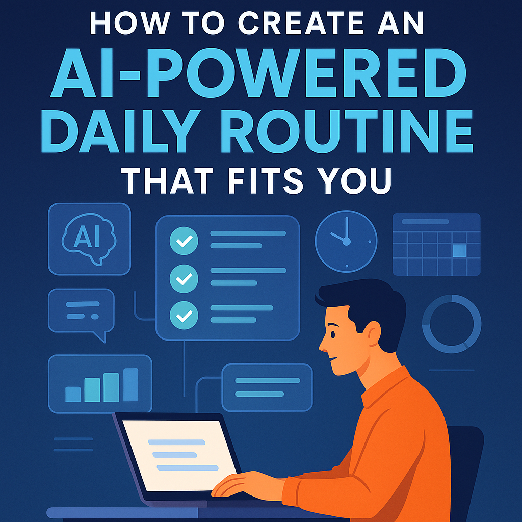 Illustration of a modern entrepreneur managing their day using AI tools on a digital interface, surrounded by energy blocks and smart assistants.