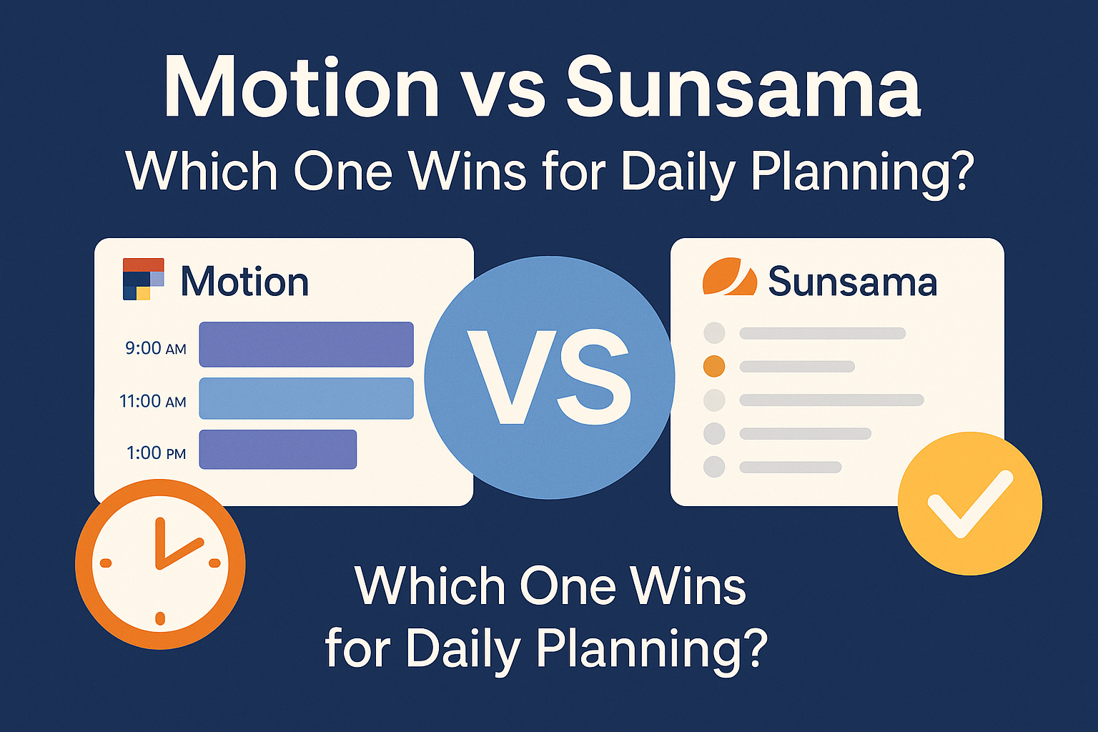 Split-screen illustration comparing Motion and Sunsama, featuring two characters planning their day, one with automated blocks, the other with a mindful checklist.