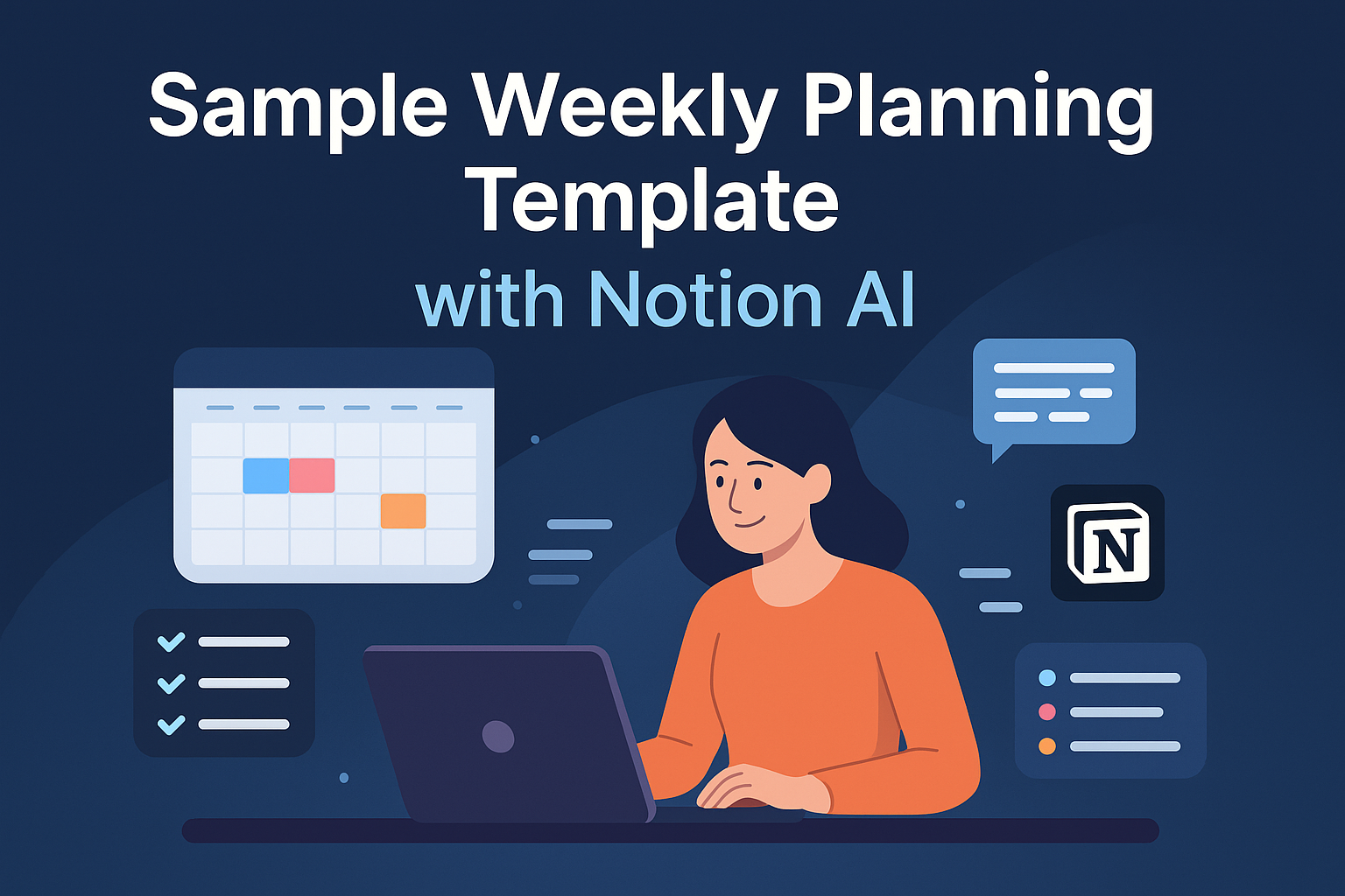 Illustration of a professional using Notion AI on a digital dashboard to plan a focused, organized weekly schedule.
