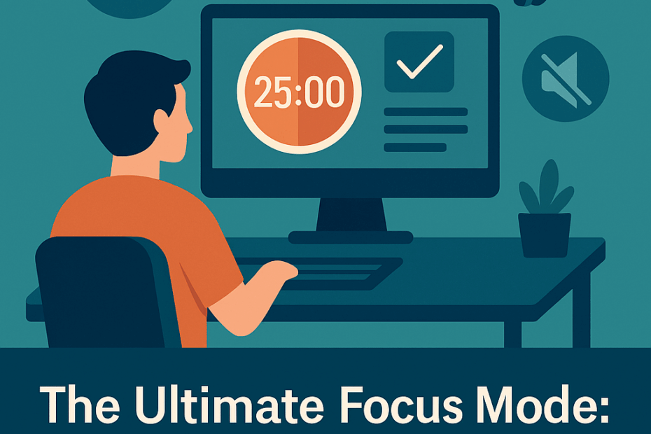 Illustration of a focused professional working with an AI-assisted Pomodoro timer, surrounded by digital task blocks and a calm workspace.