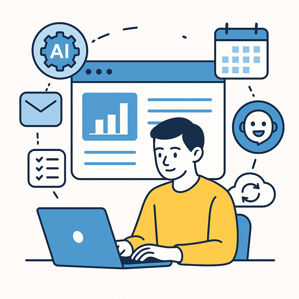 Illustration of various AI tools automating digital workflows like email, calendar, and tasks around a central workspace.