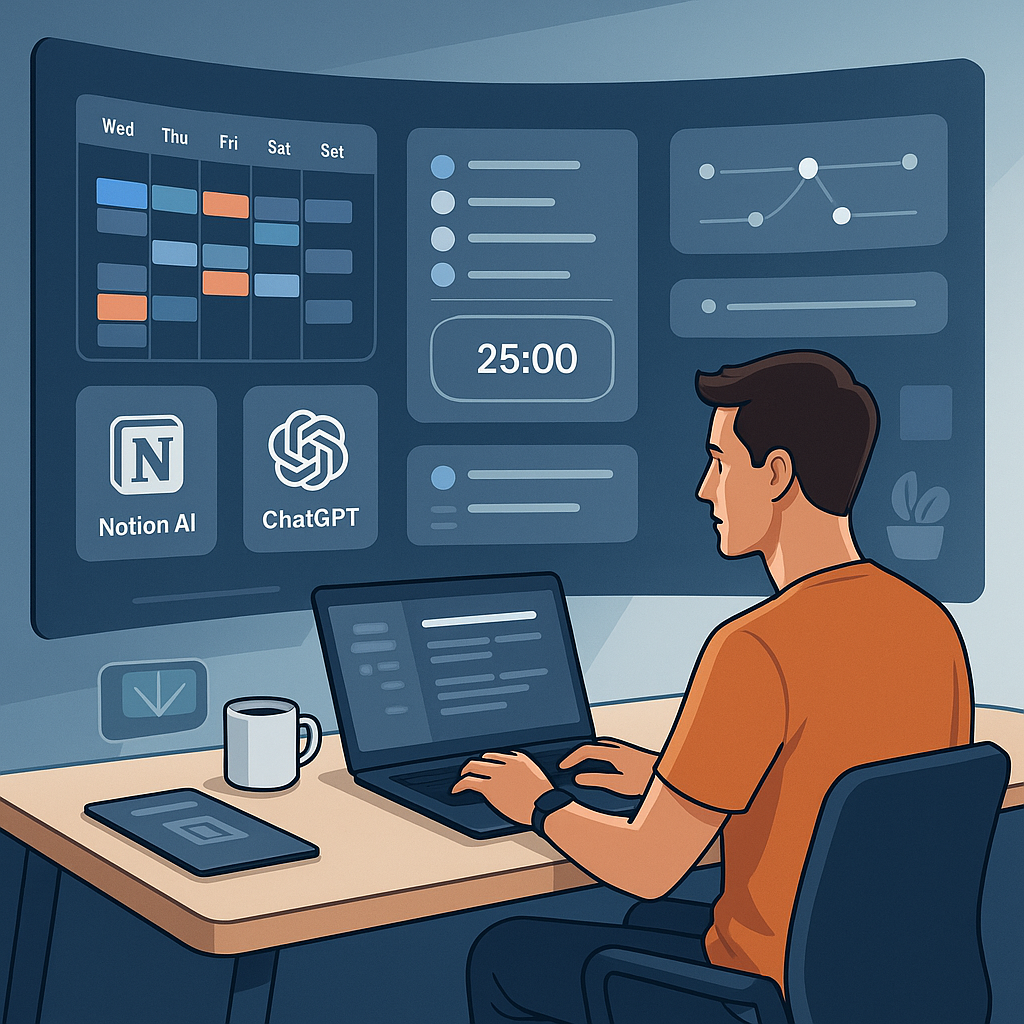 Illustration of a person using AI-powered digital dashboards to organize tasks and time, in a futuristic workspace designed for clarity and focus.