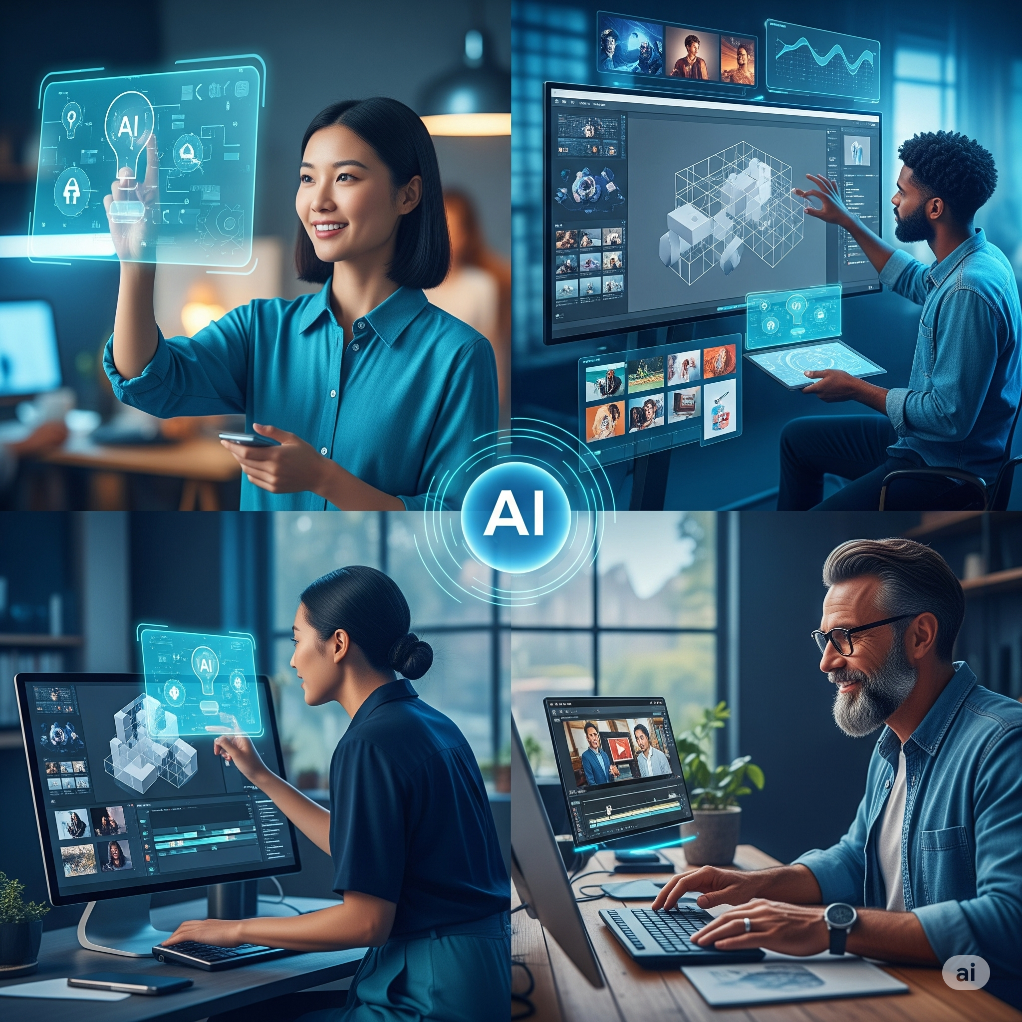 Diverse team collaborating with AI tools in a creative workspace.