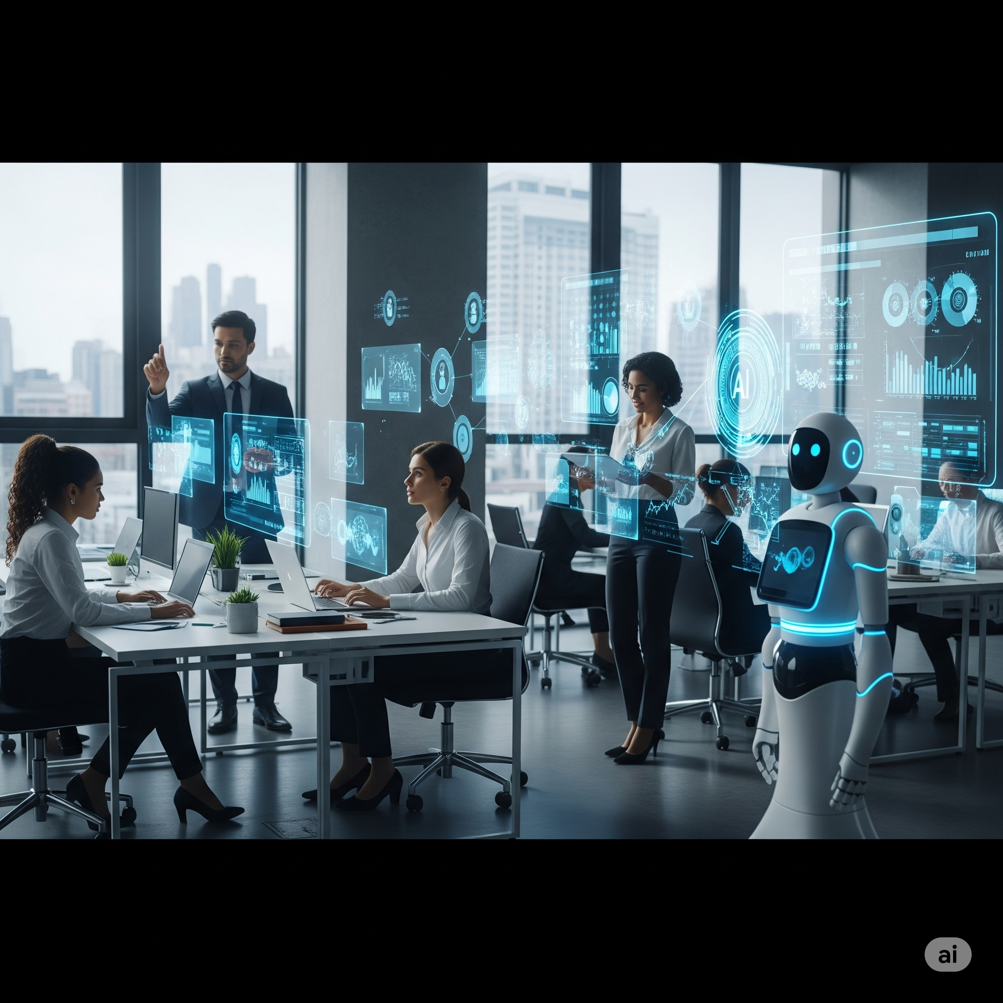 Professionals working with advanced AI robots for business process automation.