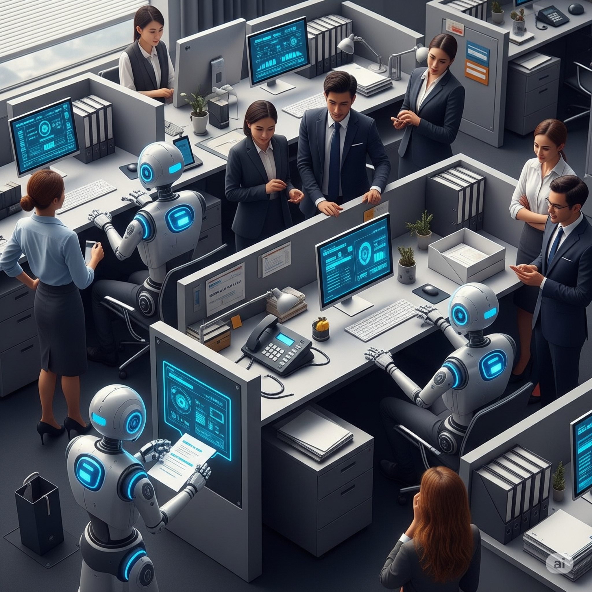 Robots automating routine office tasks alongside human employees.