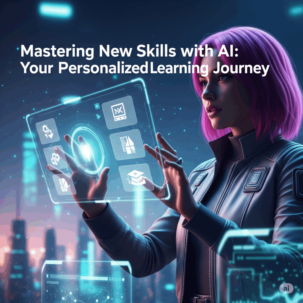 Futuristic image of a woman interacting with a glowing AI learning interface