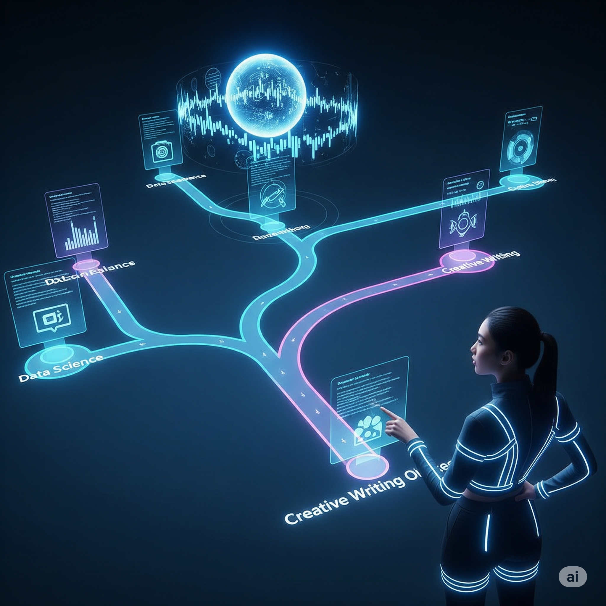 A woman interacts with a screen displaying a personalized learning path created by AI.