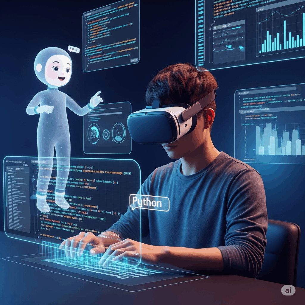 A person wearing a VR headset interacts with a 3D coding interface guided by an AI.